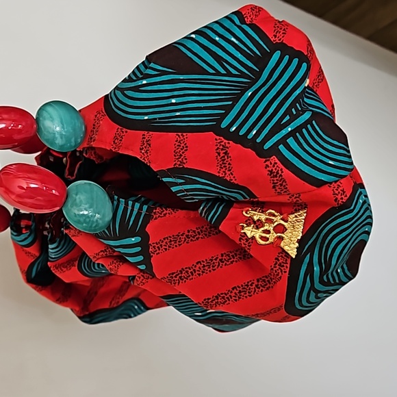 African tribal print bag beaded red and turquoise - Picture 4 of 13